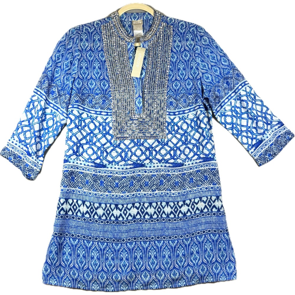 NWT Chico's Tunic Women 1 Blue Embellished Kyoto Indigo Scroll Rhinestones Boho
